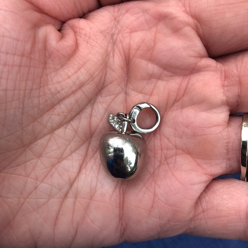 Silver Apple Charm with rhinestone studded leaf.